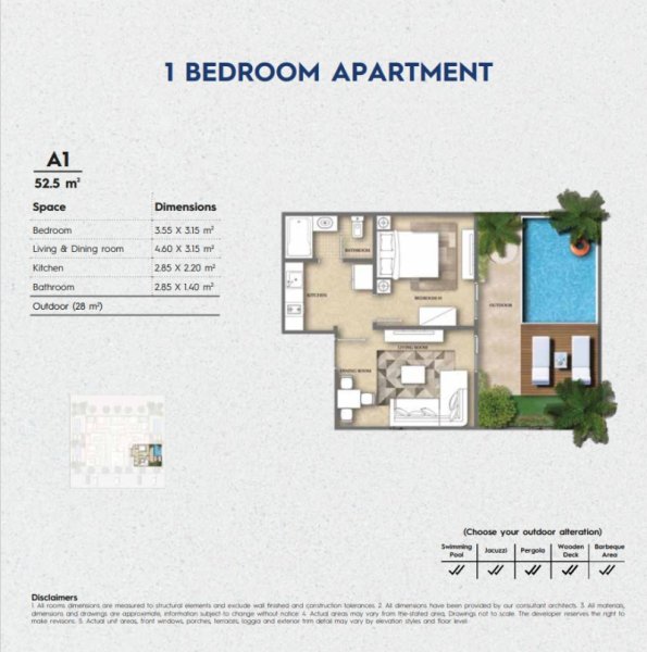 One bedroom with out door 28 sqm